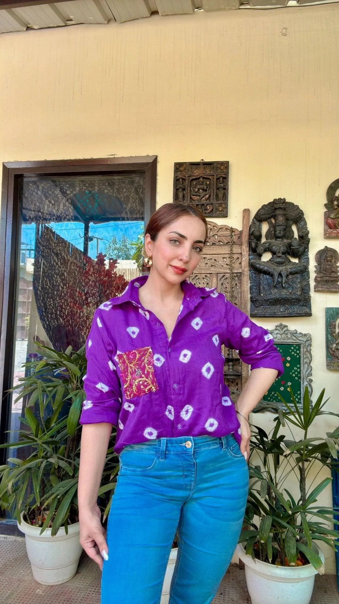 Cotton Bandhini Embellished Shirt
