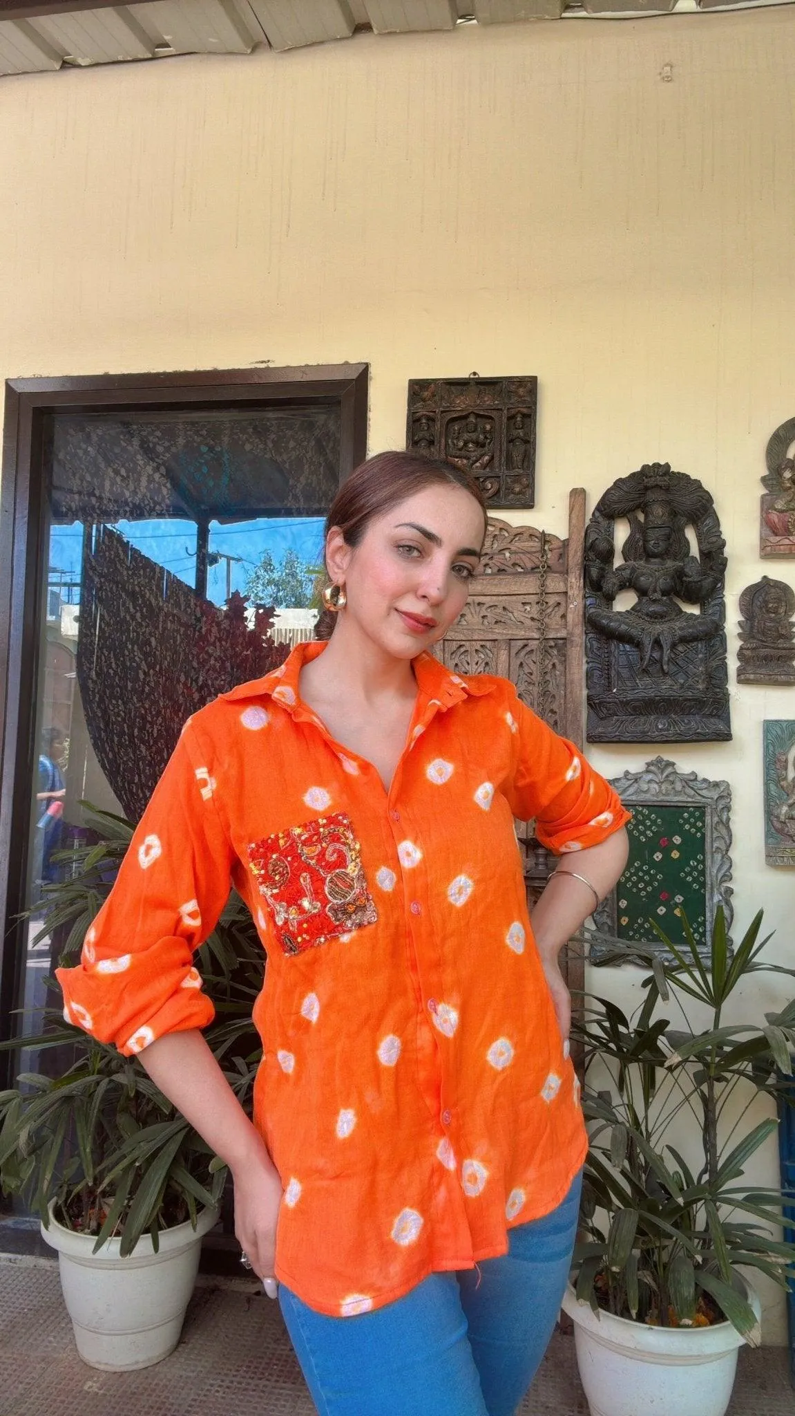 Cotton Bandhini Embellished Shirt