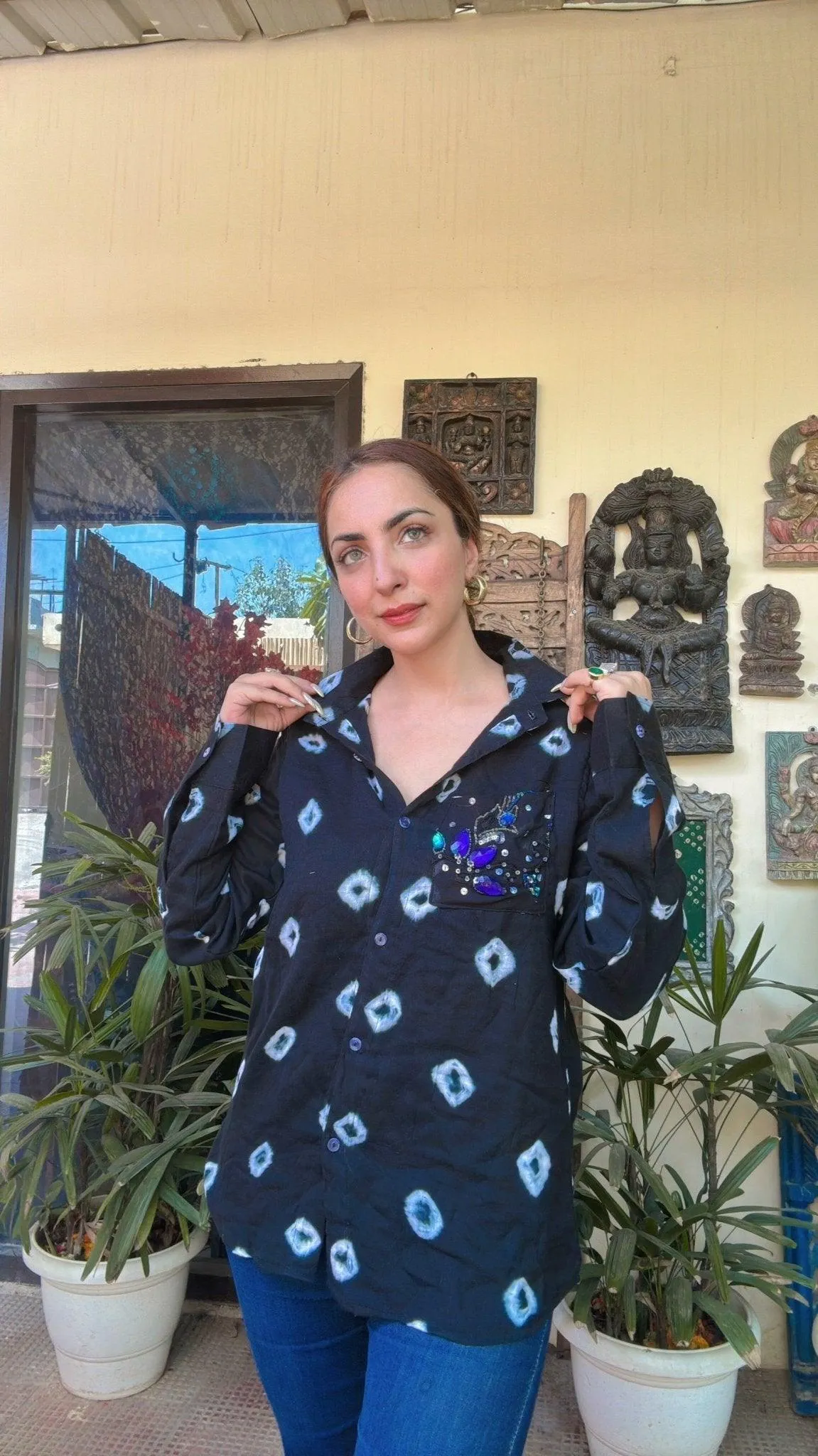 Cotton Bandhini Embellished Shirt