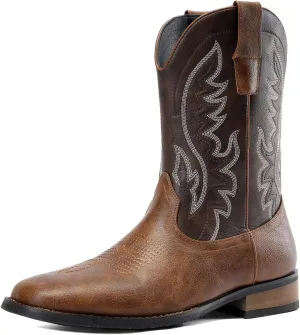 Cowboy Boots For Men Western Fashionable Retro Stylish Embroidered Square Toe Boots Chunky Heel