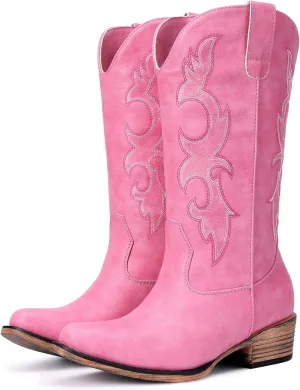 Cowboy Boots for Women - Embroidered Cowgirl Boots Western Mid Calf Fashion Chunky Heel Pointed Toe Country Boot