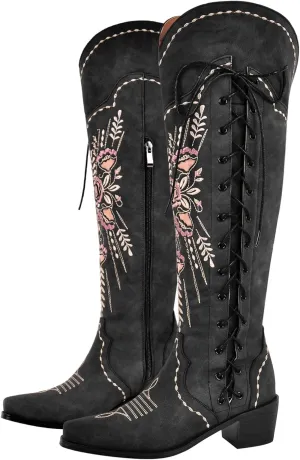 Cowboy Boots for Women Wide Calf Embroidered Western Cowgirl Boots Pointed Toe Over-The-Knee High Lace-Up Boots