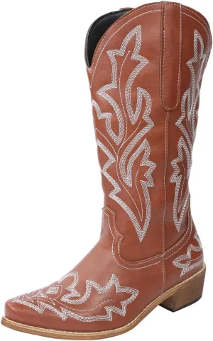 Cowboy Boots For Women Wide Calf Mid Calf Cowgirl Embroidered Western Knee High Boots Chunky Heel Pull On Boots for Ladies
