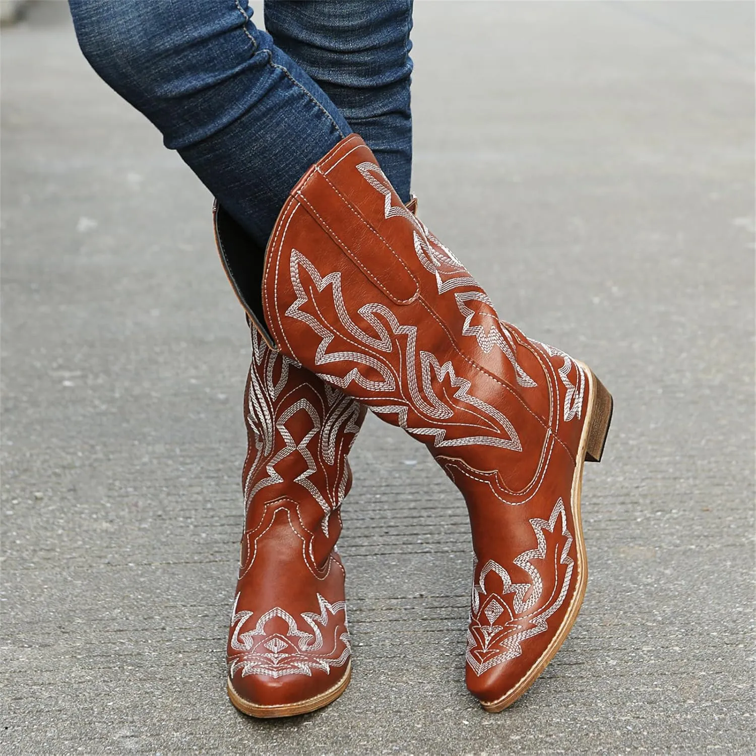 Cowboy Boots For Women Wide Calf Mid Calf Cowgirl Embroidered Western Knee High Boots Chunky Heel Pull On Boots for Ladies
