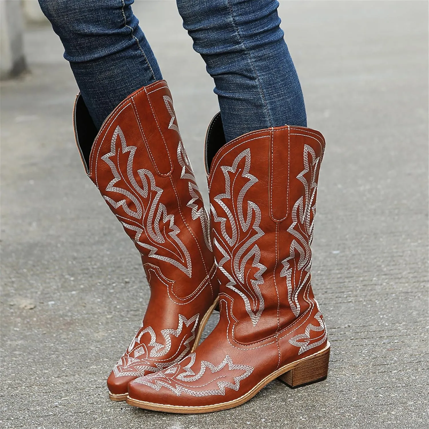 Cowboy Boots For Women Wide Calf Mid Calf Cowgirl Embroidered Western Knee High Boots Chunky Heel Pull On Boots for Ladies