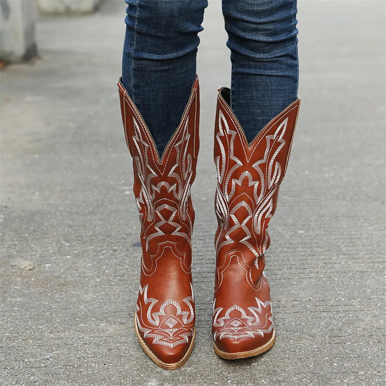 Cowboy Boots For Women Wide Calf Mid Calf Cowgirl Embroidered Western Knee High Boots Chunky Heel Pull On Boots for Ladies