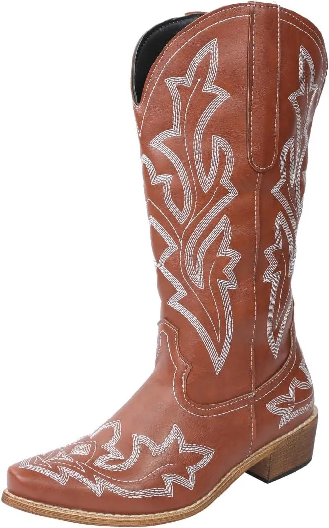 Cowboy Boots For Women Wide Calf Mid Calf Cowgirl Embroidered Western Knee High Boots Chunky Heel Pull On Boots for Ladies