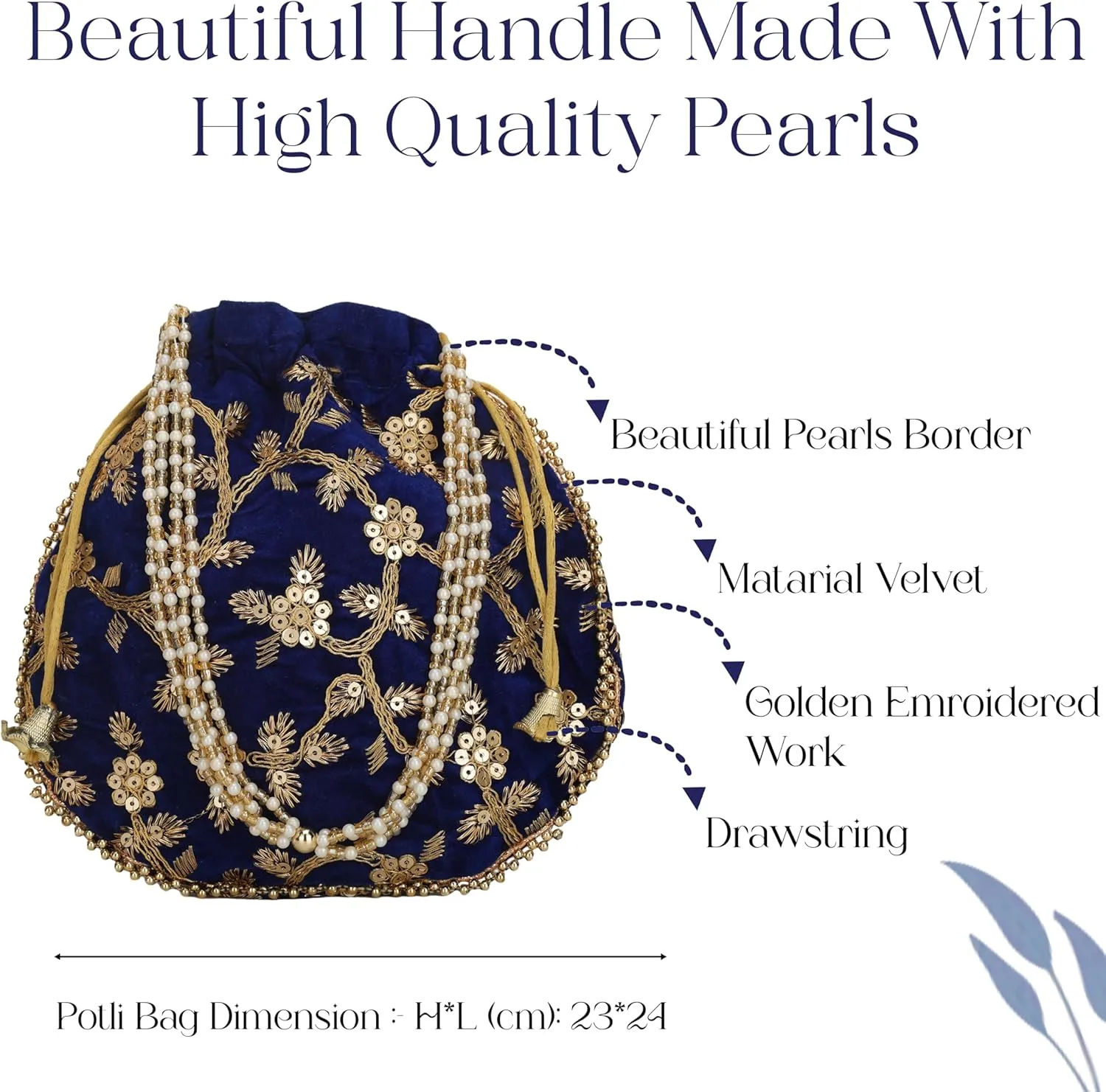 Craft Trade Women's Cotton Embroidered Potli Bag with Drawstring and Pearl Handle Pouch Golden Work Ladies Purse for Bridal