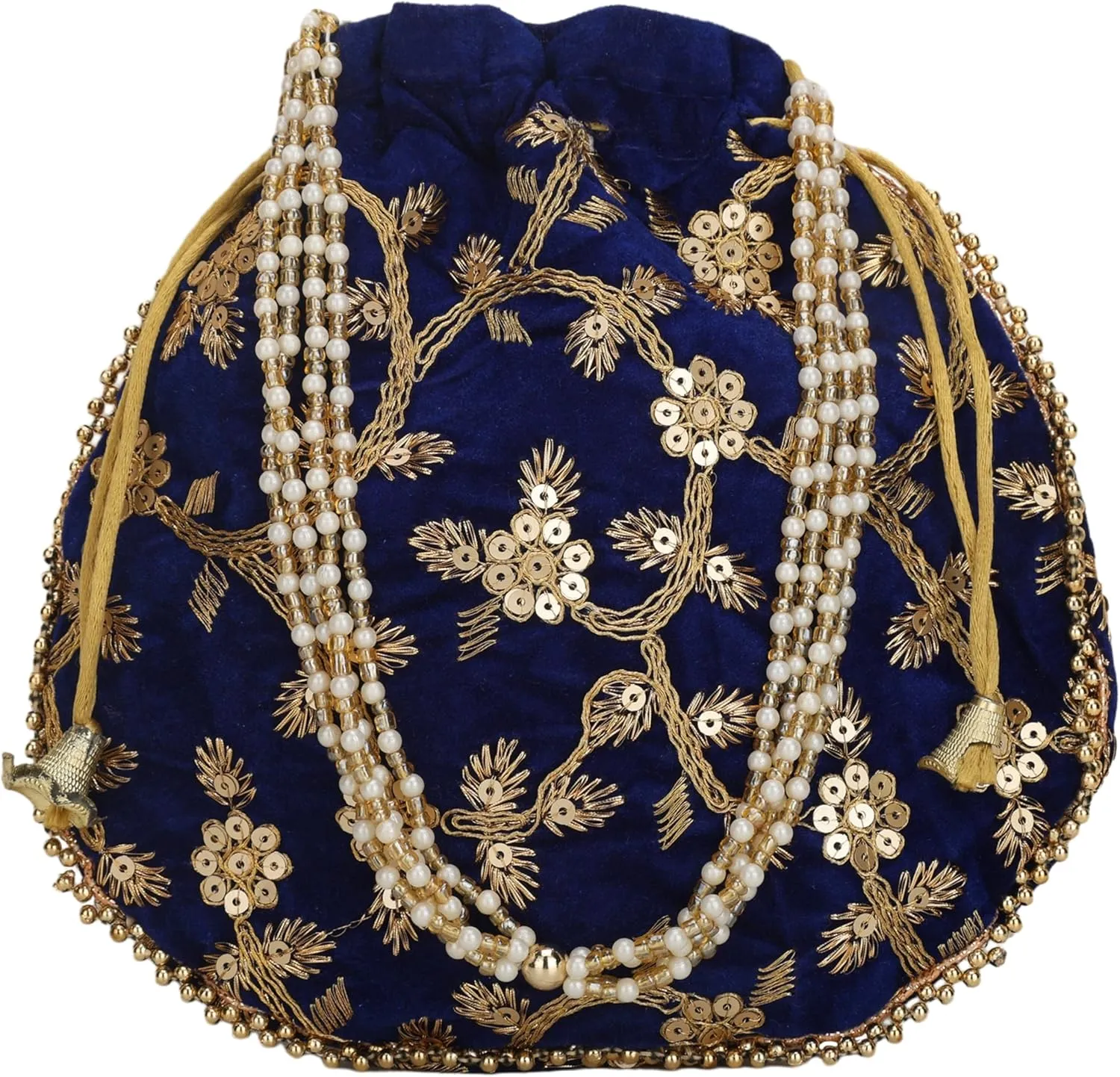 Craft Trade Women's Cotton Embroidered Potli Bag with Drawstring and Pearl Handle Pouch Golden Work Ladies Purse for Bridal