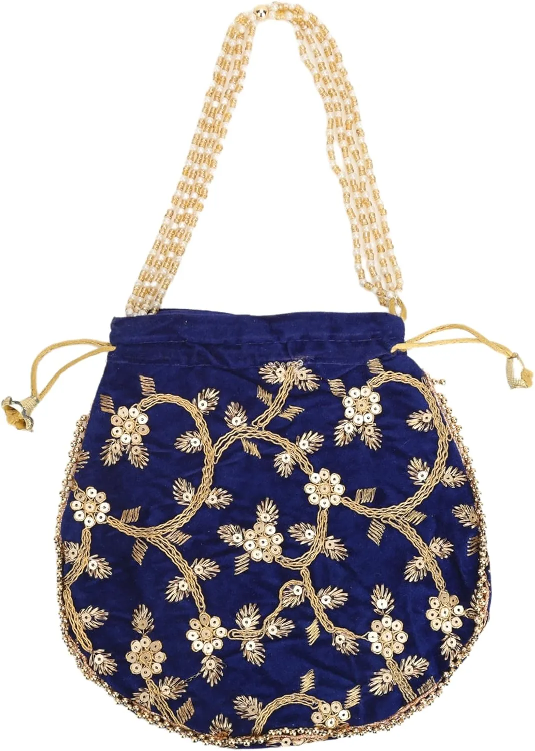 Craft Trade Women's Cotton Embroidered Potli Bag with Drawstring and Pearl Handle Pouch Golden Work Ladies Purse for Bridal