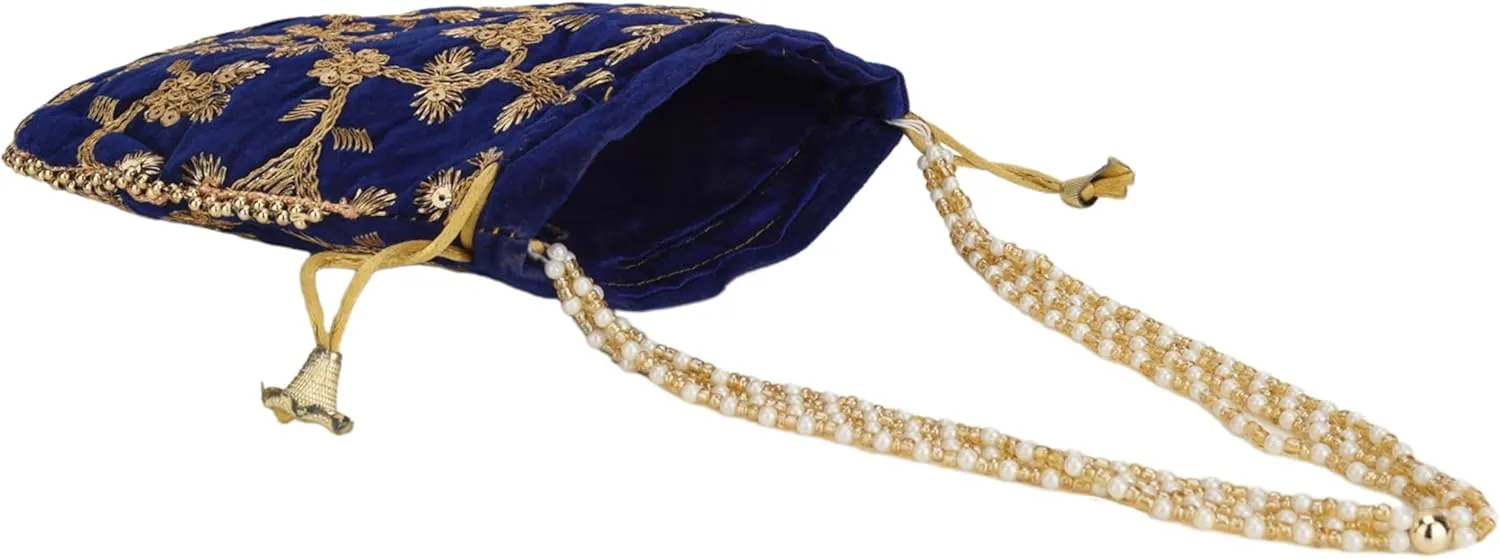 Craft Trade Women's Cotton Embroidered Potli Bag with Drawstring and Pearl Handle Pouch Golden Work Ladies Purse for Bridal