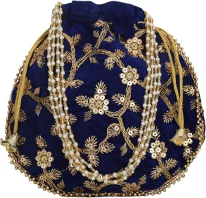 Craft Trade Women's Cotton Embroidered Potli Bag with Drawstring and Pearl Handle Pouch Golden Work Ladies Purse for Bridal