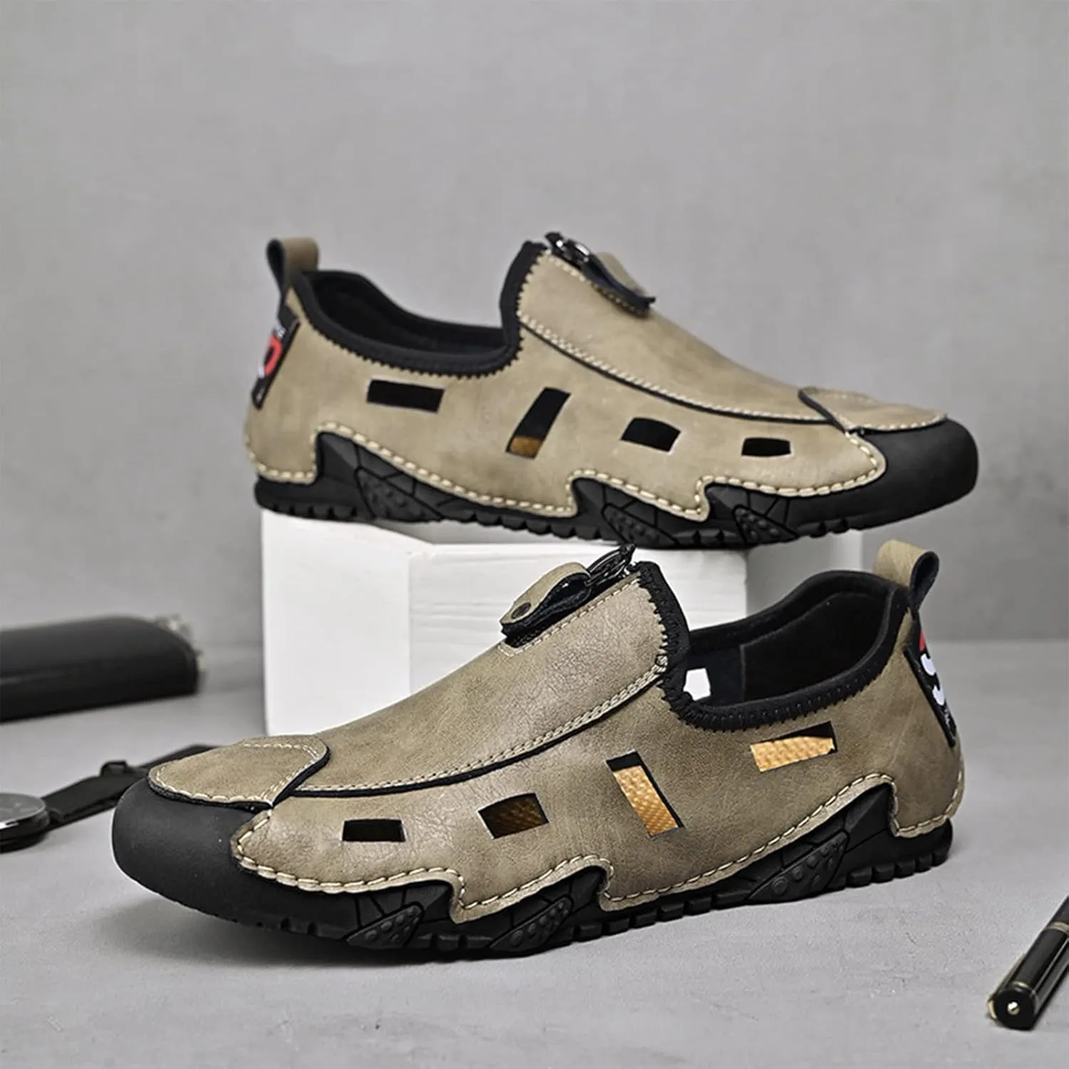Crepuscute Men's Handmade Cowhide Hollow Out Flat Loafers Slip On Outdoor Breathable Non-Slip Fashion Walking Shoes Summer Beach Causal Sandals