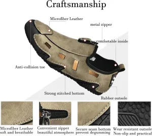 Crepuscute Men's Handmade Cowhide Hollow Out Flat Loafers Slip On Outdoor Breathable Non-Slip Fashion Walking Shoes Summer Beach Causal Sandals