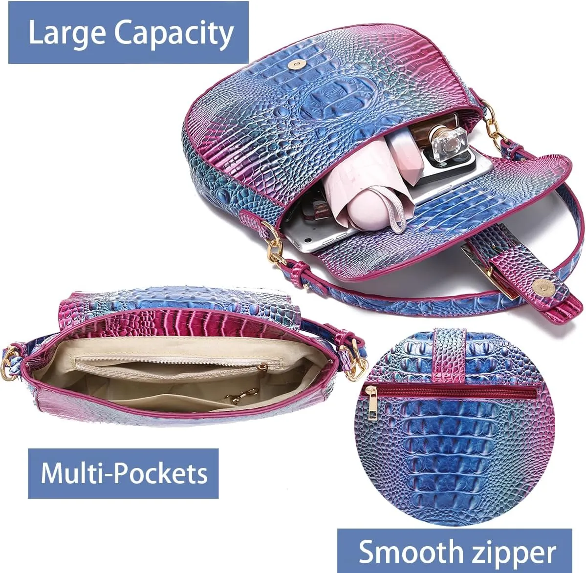 Crocodile Bags for Women Luxury Handbag Flap Purse Small Crossbody handbag for Ladies Gradient Color Shoulder Bag