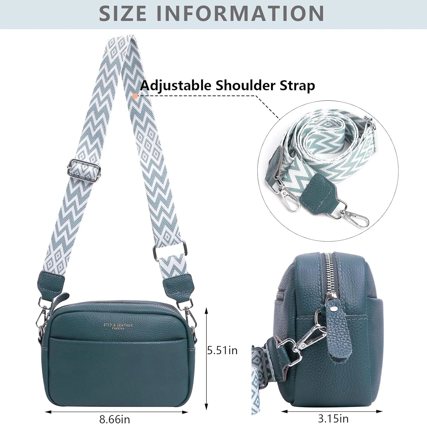 Crossbody Bag for Women Genuine Leather Wide Strap Shoulder Bag Purse Trendy Design Camera Crossbody Purse Top Zip