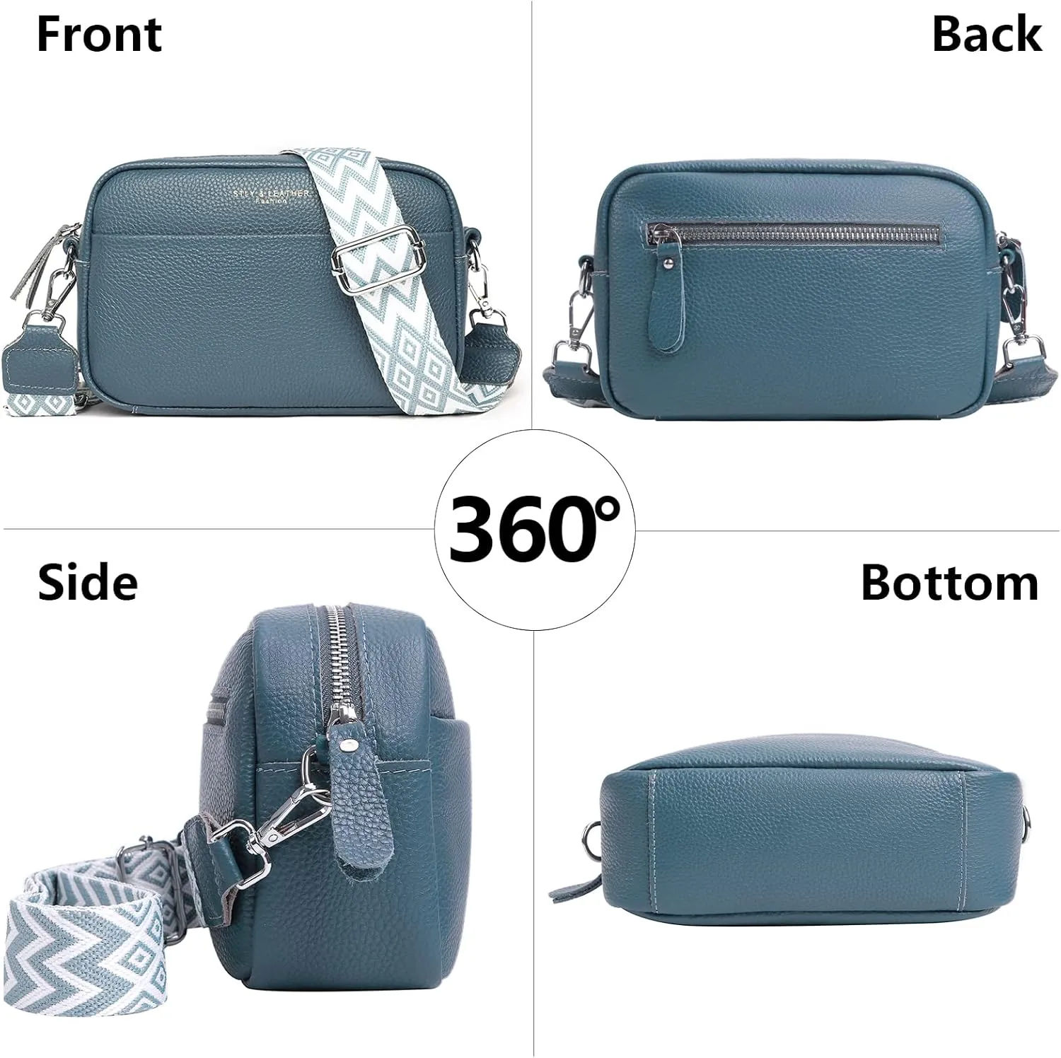 Crossbody Bag for Women Genuine Leather Wide Strap Shoulder Bag Purse Trendy Design Camera Crossbody Purse Top Zip