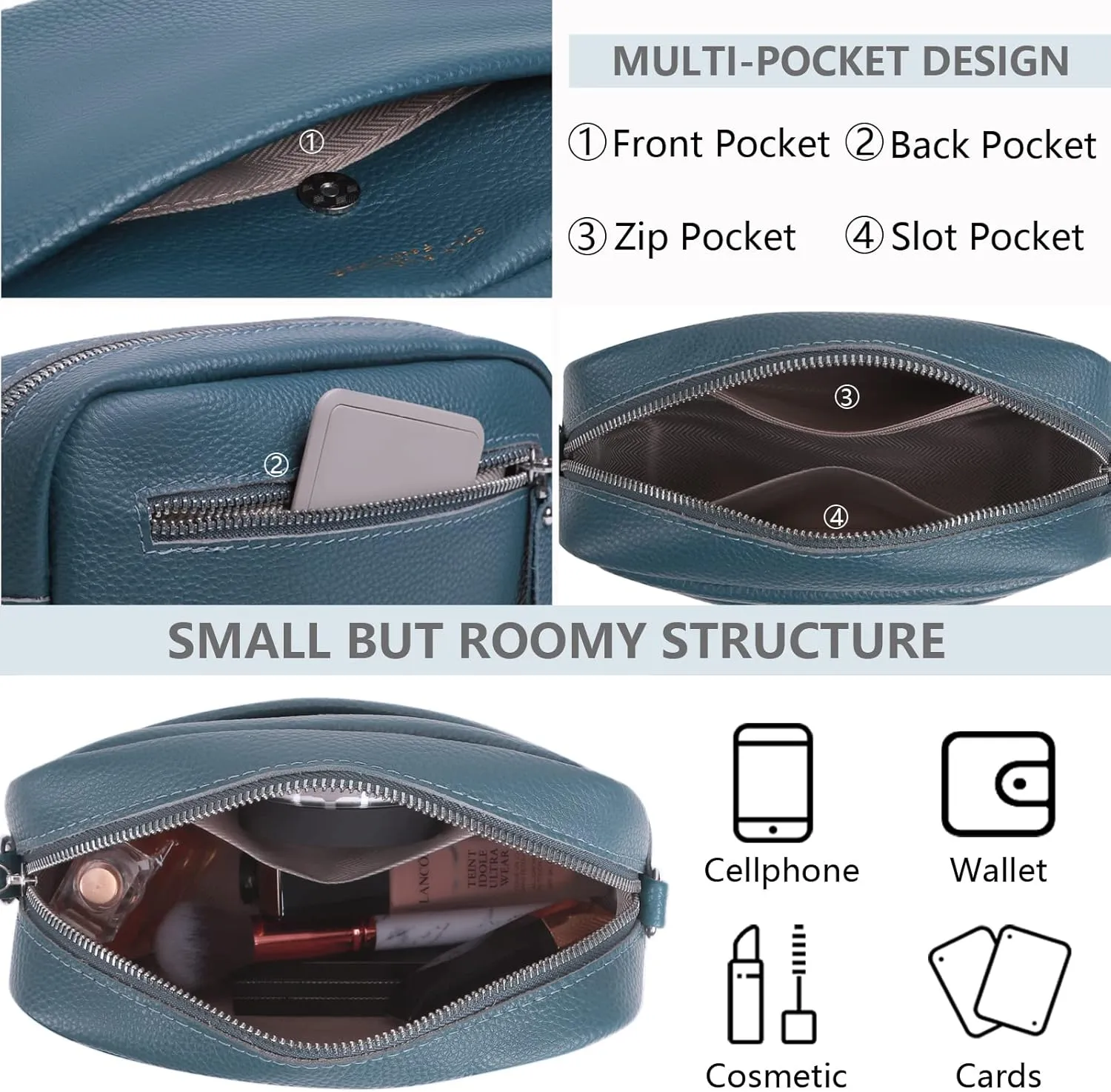 Crossbody Bag for Women Genuine Leather Wide Strap Shoulder Bag Purse Trendy Design Camera Crossbody Purse Top Zip