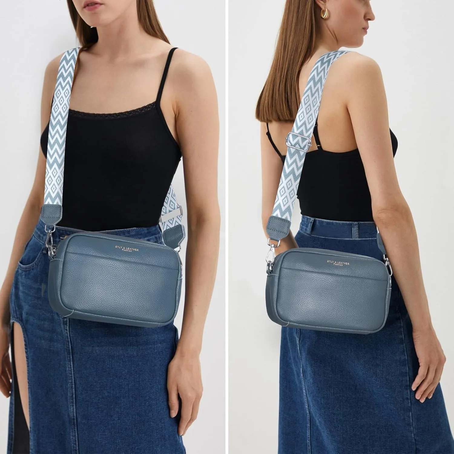Crossbody Bag for Women Genuine Leather Wide Strap Shoulder Bag Purse Trendy Design Camera Crossbody Purse Top Zip