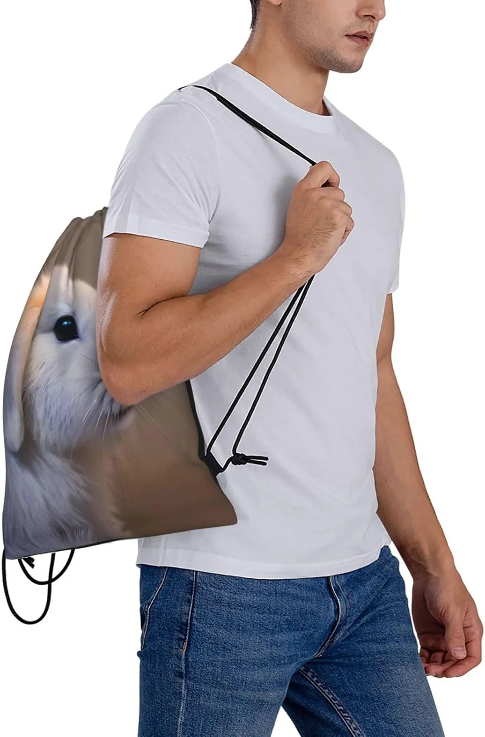 cry rabbit Print Sports Drawstring Backpack,Water Resistant Bag, Gym Backpack for Women Men