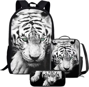 Cumagical White Tiger Print Lightweight Backpack Bookbags Outdoor Travel Laptop Daypack 3 Pieces Set With Lunch Bag, Pencil Bag