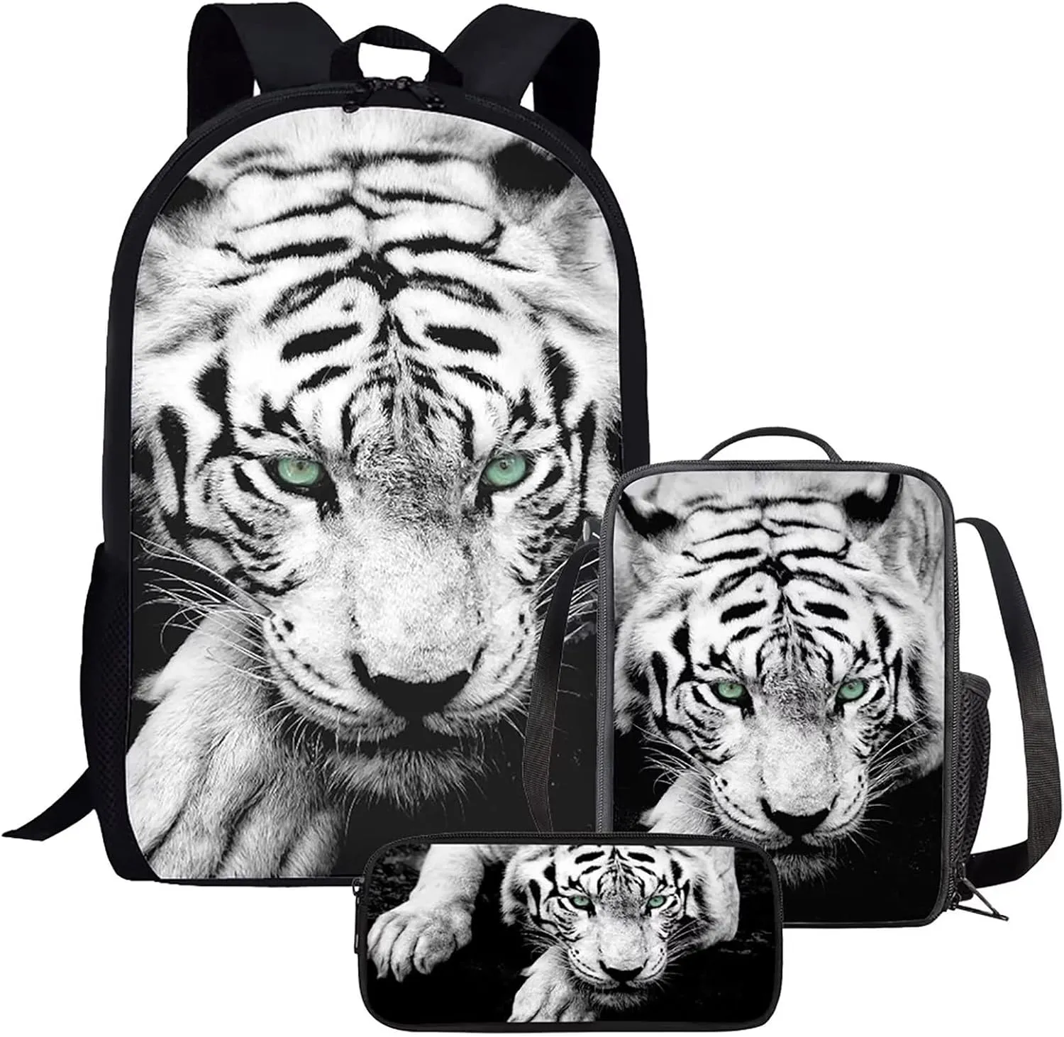 Cumagical White Tiger Print Lightweight Backpack Bookbags Outdoor Travel Laptop Daypack 3 Pieces Set With Lunch Bag, Pencil Bag