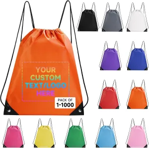 Custom Drawstring Bags With Logo, 100 Pack Personalized Text Drawstring Backpack Bulk Great for Travelling, Gym and for Everyday Use (Orange)