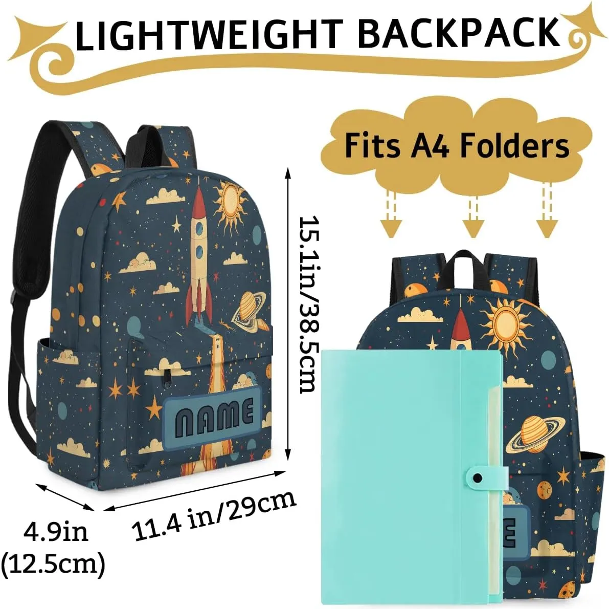 Custom Universe Rocket Launch Backpack for Boys Girls, Personalized Schoolbag with Your Name, Bookbag for Kids Back to School Travel Picnic 15 Inch