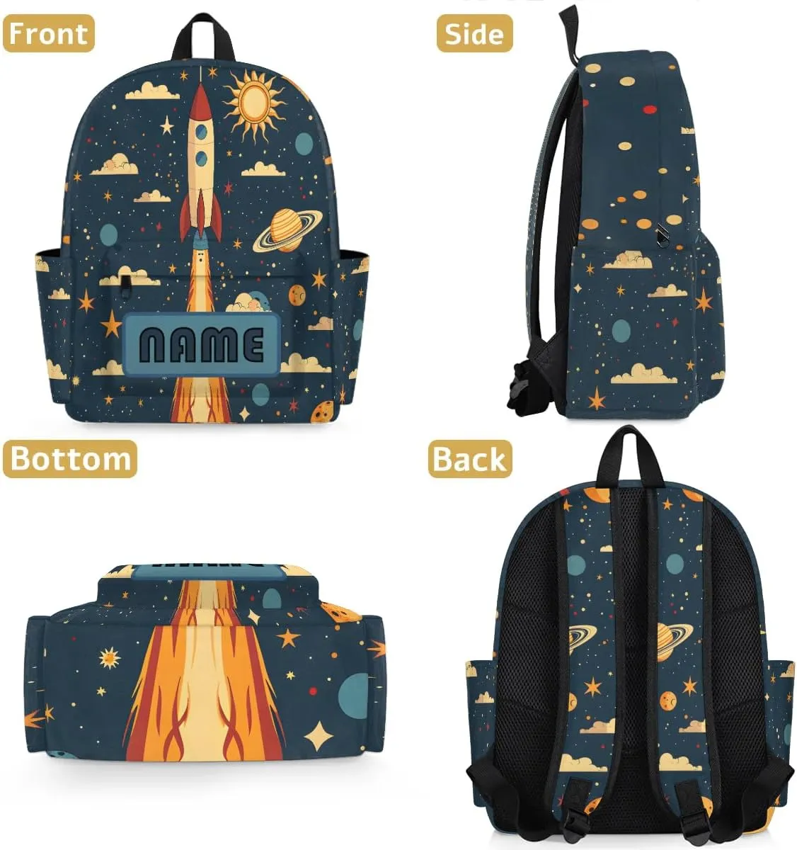 Custom Universe Rocket Launch Backpack for Boys Girls, Personalized Schoolbag with Your Name, Bookbag for Kids Back to School Travel Picnic 15 Inch