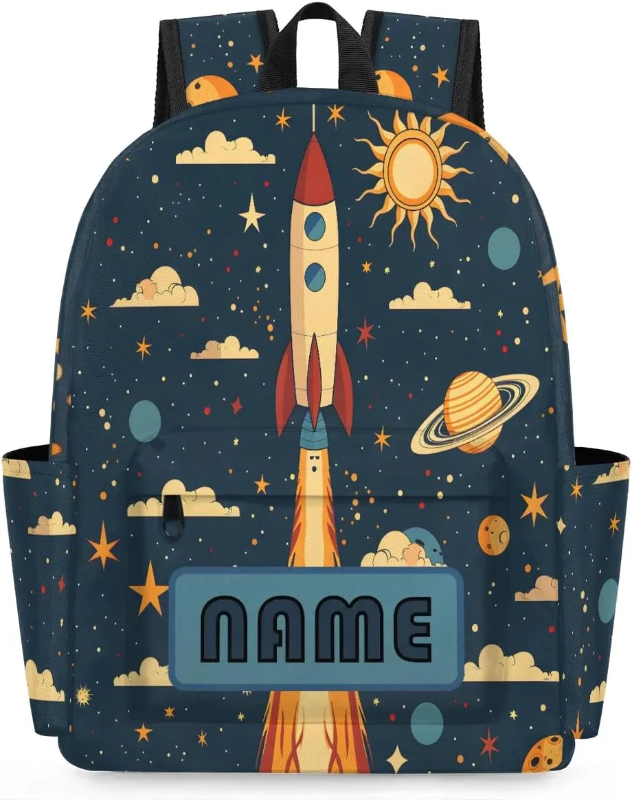 Custom Universe Rocket Launch Backpack for Boys Girls, Personalized Schoolbag with Your Name, Bookbag for Kids Back to School Travel Picnic 15 Inch