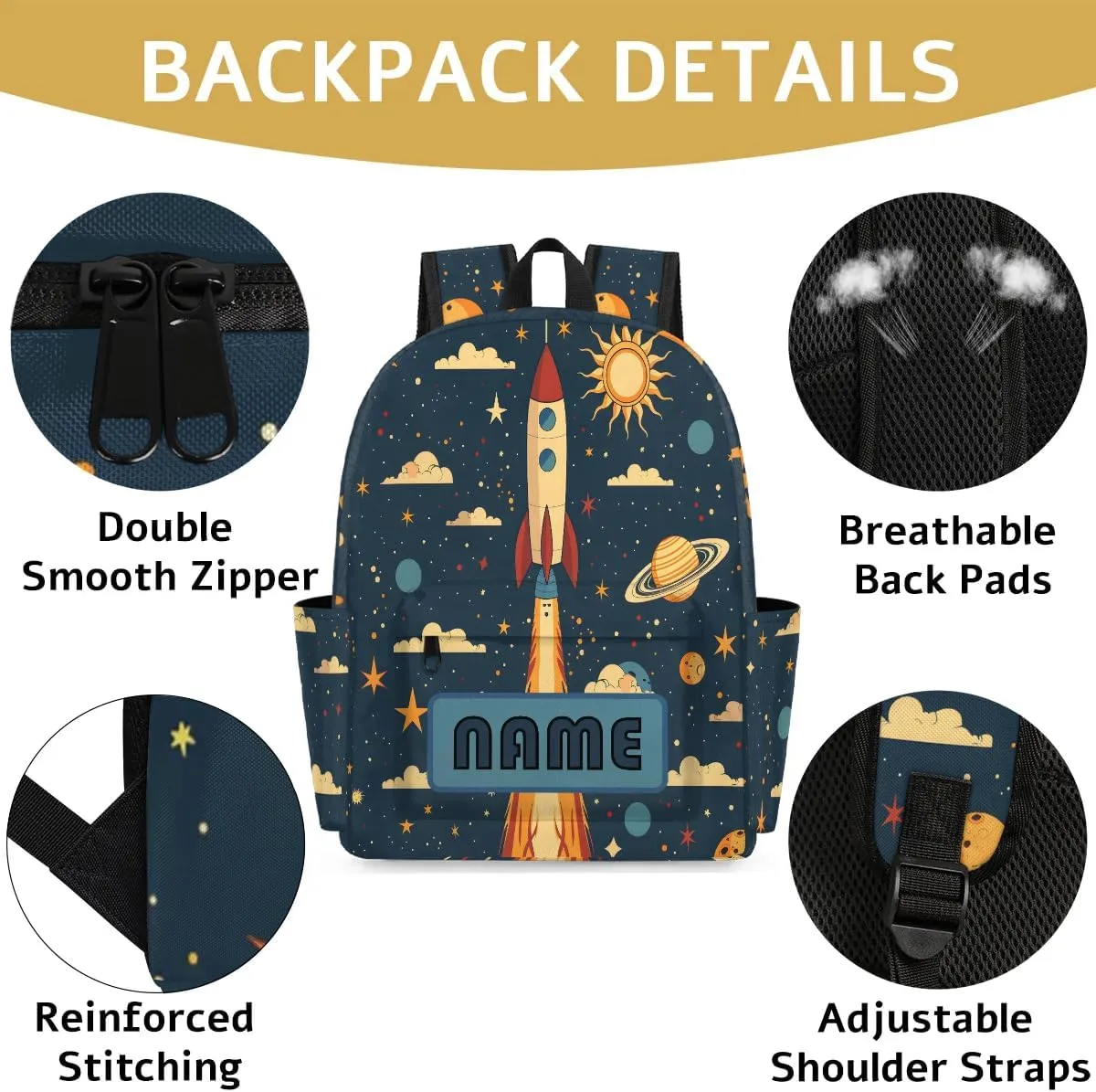 Custom Universe Rocket Launch Backpack for Boys Girls, Personalized Schoolbag with Your Name, Bookbag for Kids Back to School Travel Picnic 15 Inch