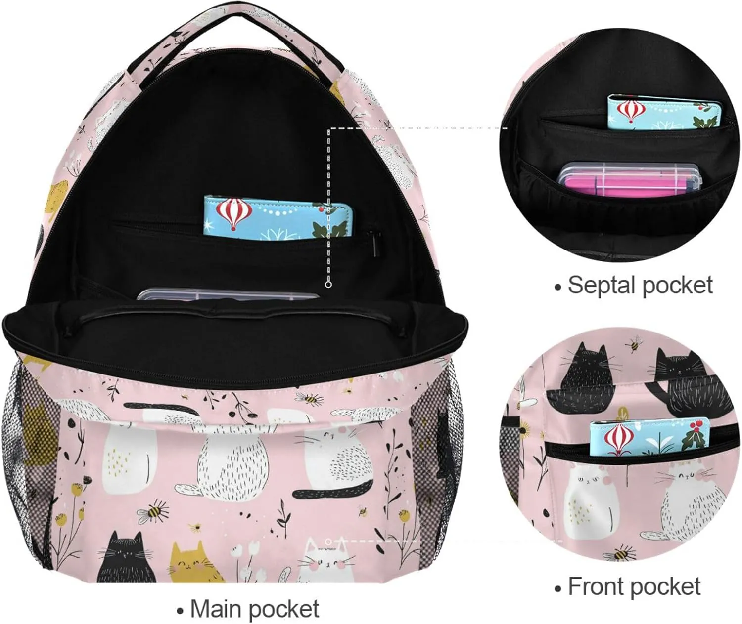 Cute Backpack for Teenager Fashion Business Work Bag with Chest Strap for Business Work College Travel Trip Cartoon Cute Cat White