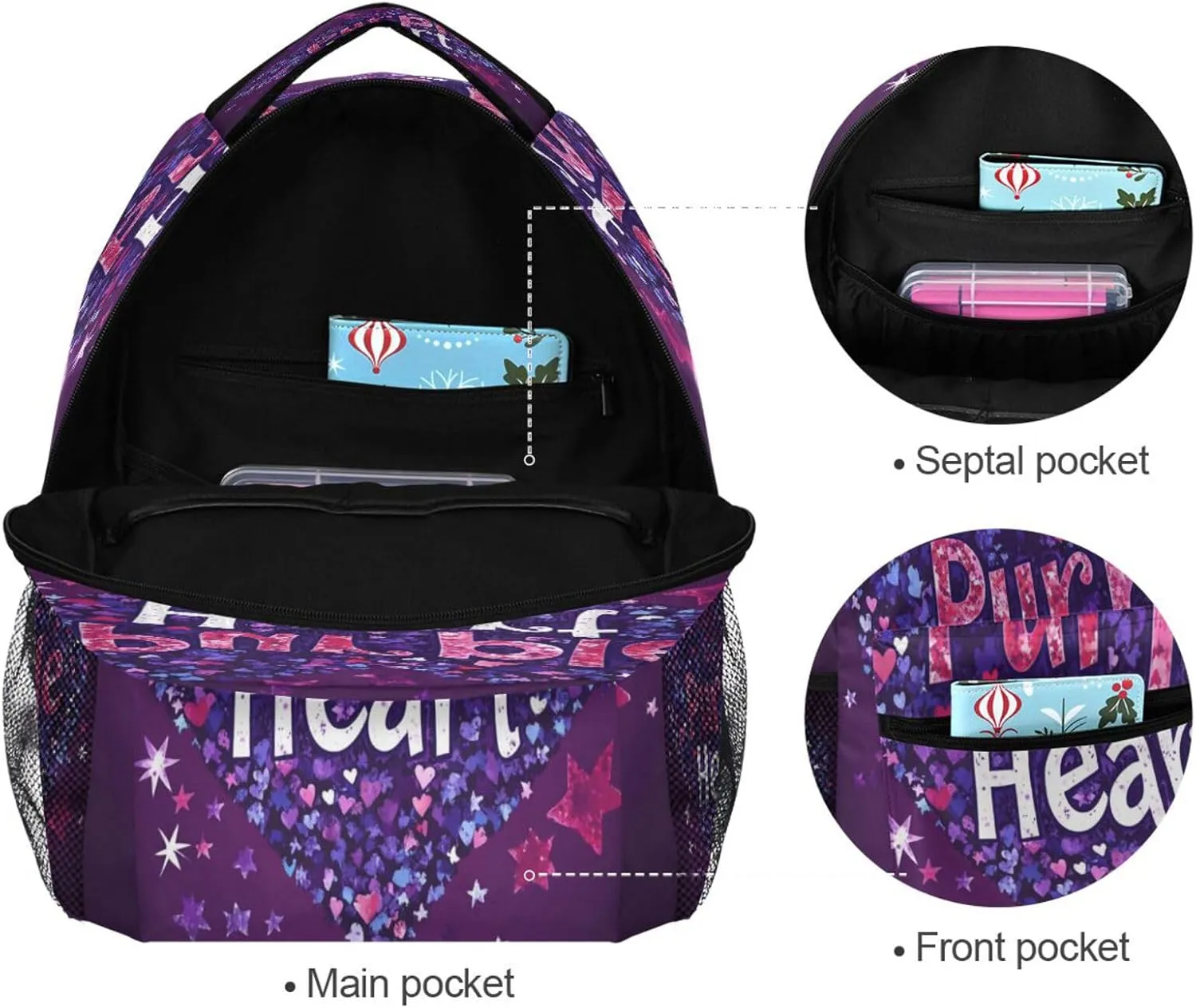 Cute Backpack for Teenager Fashion Outdoor Backpack with Chest Strap for Travel Trip Purple Heart Day Red and Blue Stars