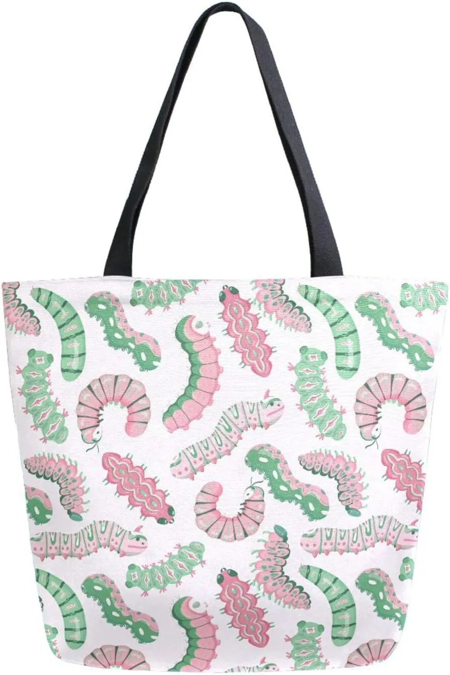 Cute Pink and Green Caterpillars Canvas Tote Bag for Women with Zipper Pocket Reusable Grocery Shopping Bags Large Travel Shoulder Bag Handbag Bags
