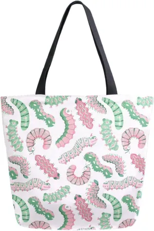 Cute Pink and Green Caterpillars Canvas Tote Bag for Women with Zipper Pocket Reusable Grocery Shopping Bags Large Travel Shoulder Bag Handbag Bags