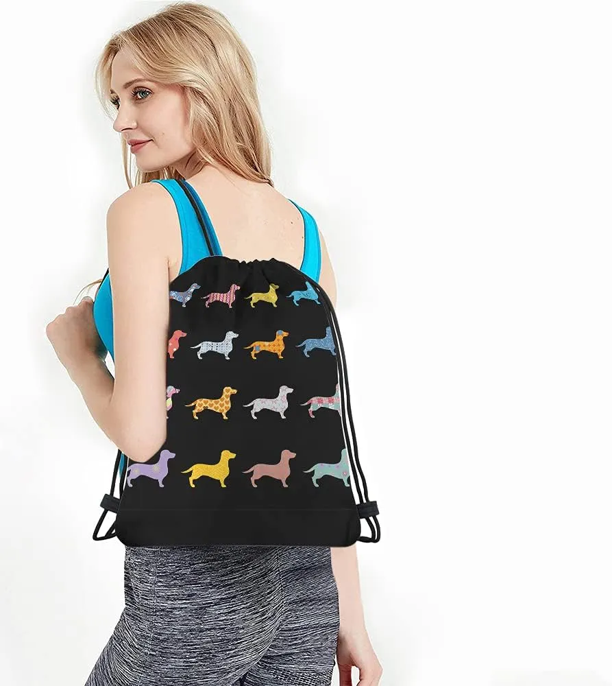 Dachshunds Drawstring Bags Backpack Bag Colorful Dogs Puppy Animal Star Heart Polka Dots Tribal Boho Circle Sport Gym Sack Drawstring Bag String Bag Yoga Bag for Men Women