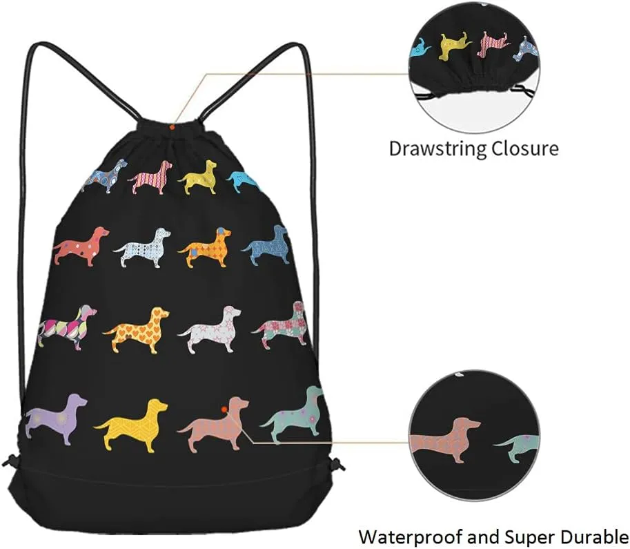 Dachshunds Drawstring Bags Backpack Bag Colorful Dogs Puppy Animal Star Heart Polka Dots Tribal Boho Circle Sport Gym Sack Drawstring Bag String Bag Yoga Bag for Men Women