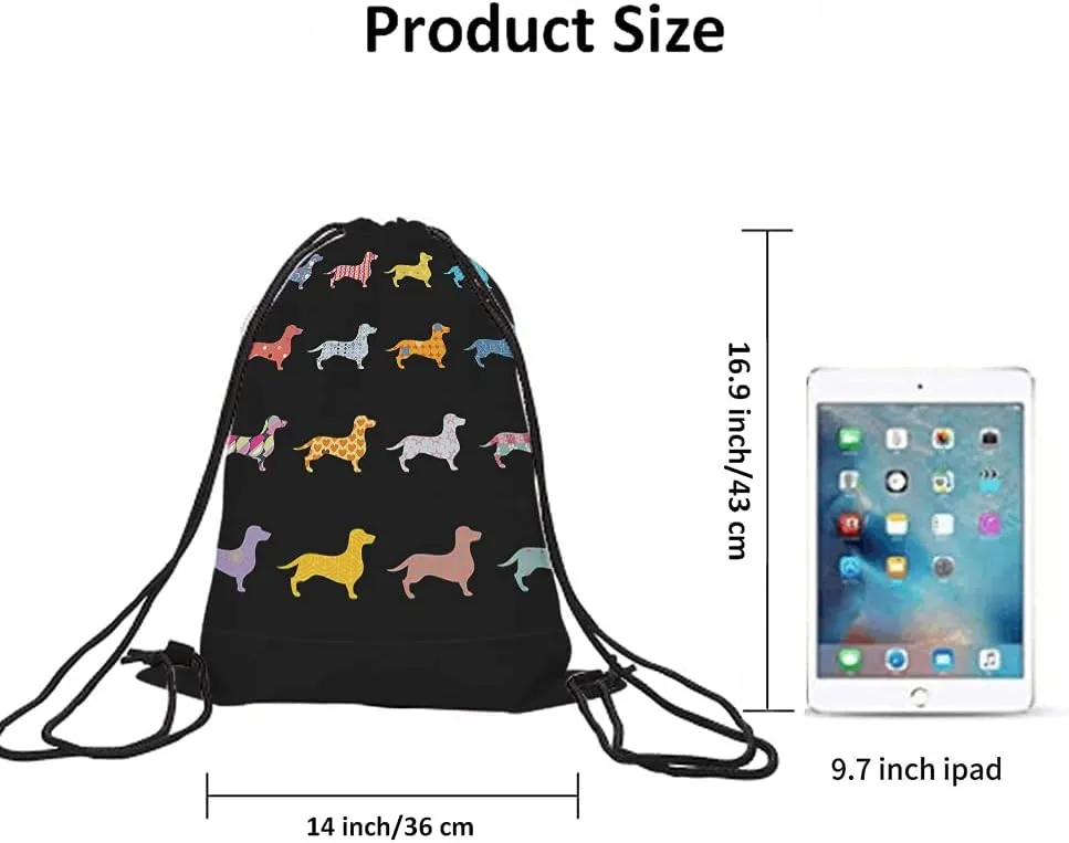 Dachshunds Drawstring Bags Backpack Bag Colorful Dogs Puppy Animal Star Heart Polka Dots Tribal Boho Circle Sport Gym Sack Drawstring Bag String Bag Yoga Bag for Men Women