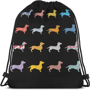Dachshunds Drawstring Bags Backpack Bag Colorful Dogs Puppy Animal Star Heart Polka Dots Tribal Boho Circle Sport Gym Sack Drawstring Bag String Bag Yoga Bag for Men Women