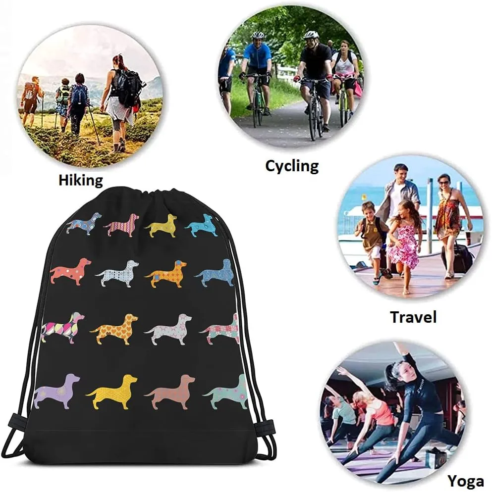 Dachshunds Drawstring Bags Backpack Bag Colorful Dogs Puppy Animal Star Heart Polka Dots Tribal Boho Circle Sport Gym Sack Drawstring Bag String Bag Yoga Bag for Men Women