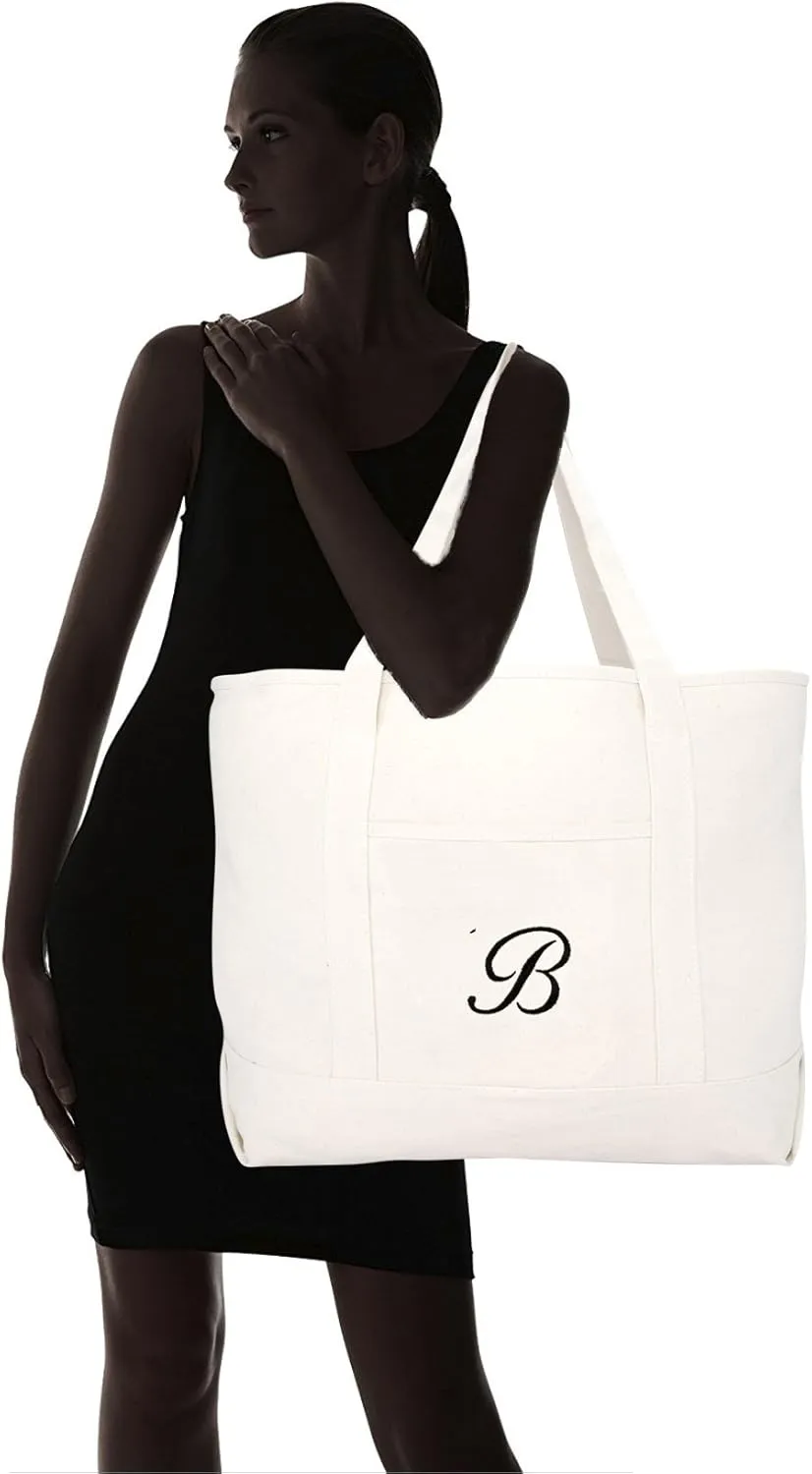 DALIX Monogram Bag Personalized Totes For Women Open Top Natural Letter A-Z