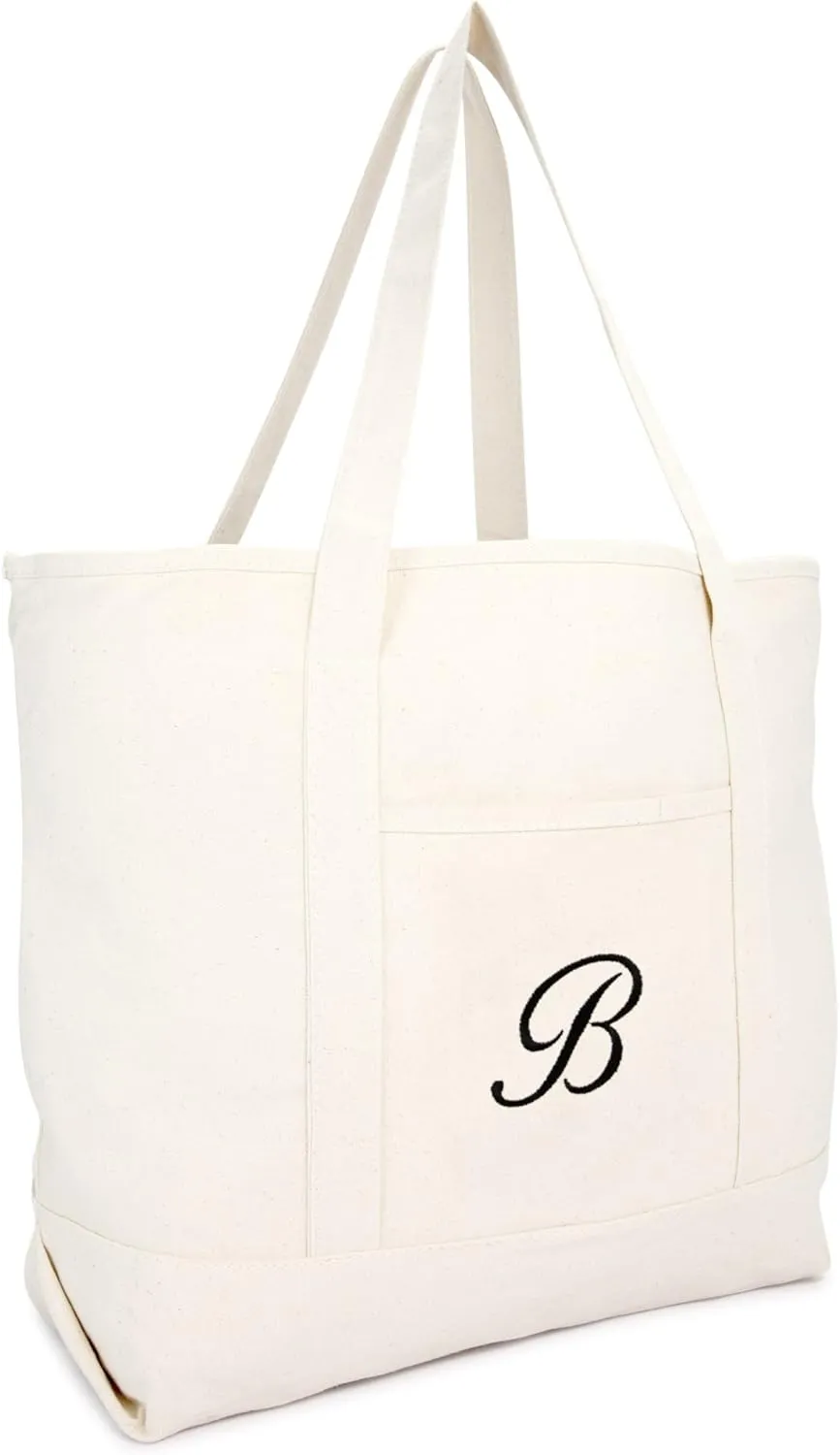 DALIX Monogram Bag Personalized Totes For Women Open Top Natural Letter A-Z