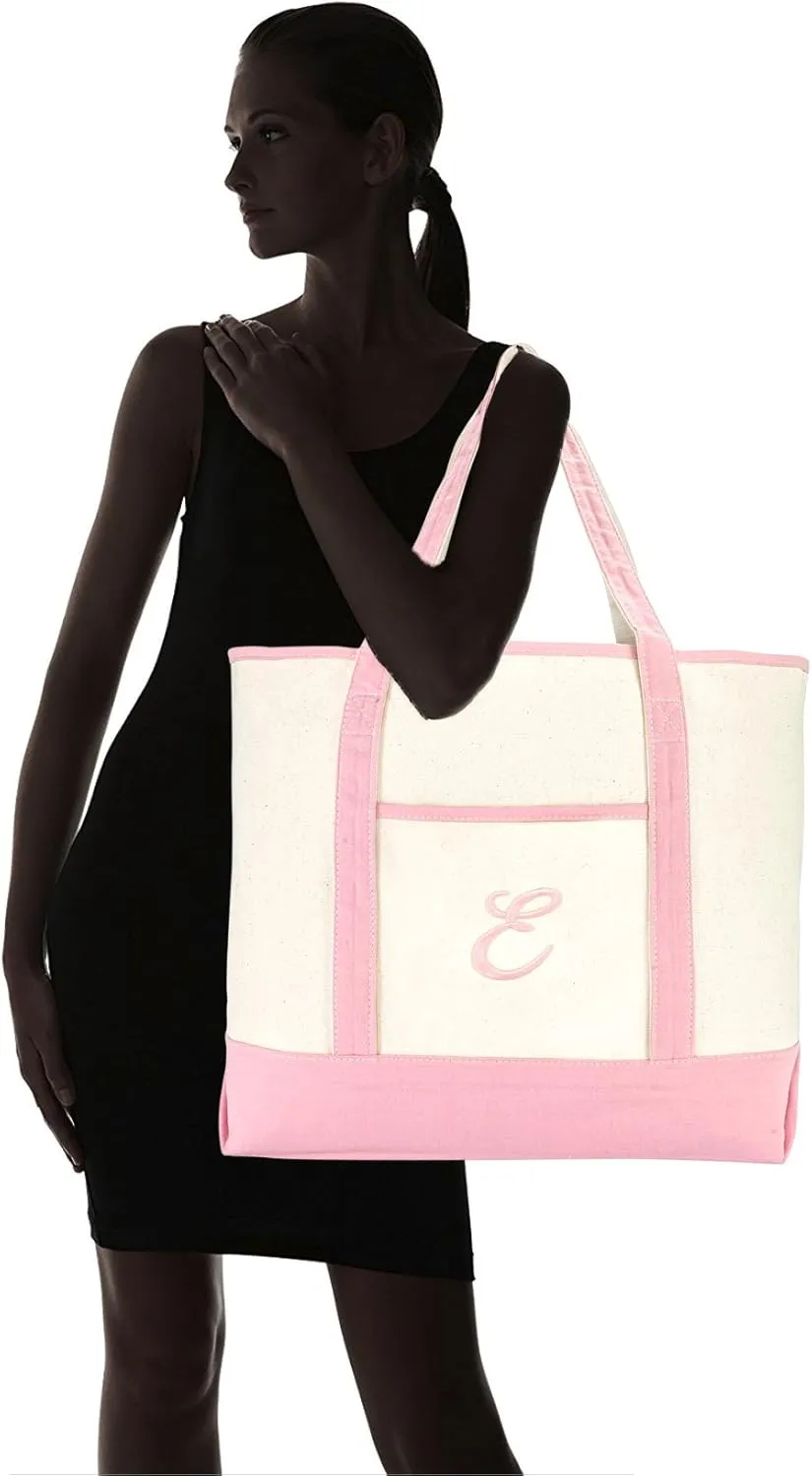 DALIX Women's Cotton Canvas Tote Bag Large Shoulder Bags Pink Monogram A - Z