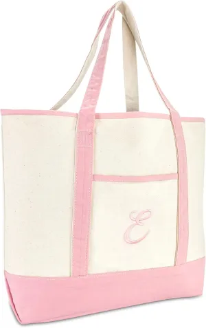DALIX Women's Cotton Canvas Tote Bag Large Shoulder Bags Pink Monogram A - Z