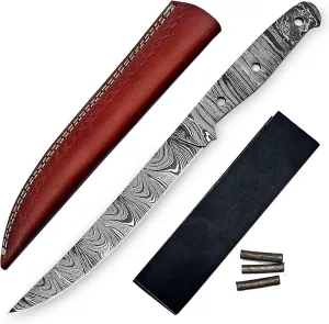 Damascus Knife Making Kit DIY Fish Fillet Handmade Damascus Steel Includes Blank Blade, Pins, Leather Sheath, Handle Scales for Knife (Black-UKK47)