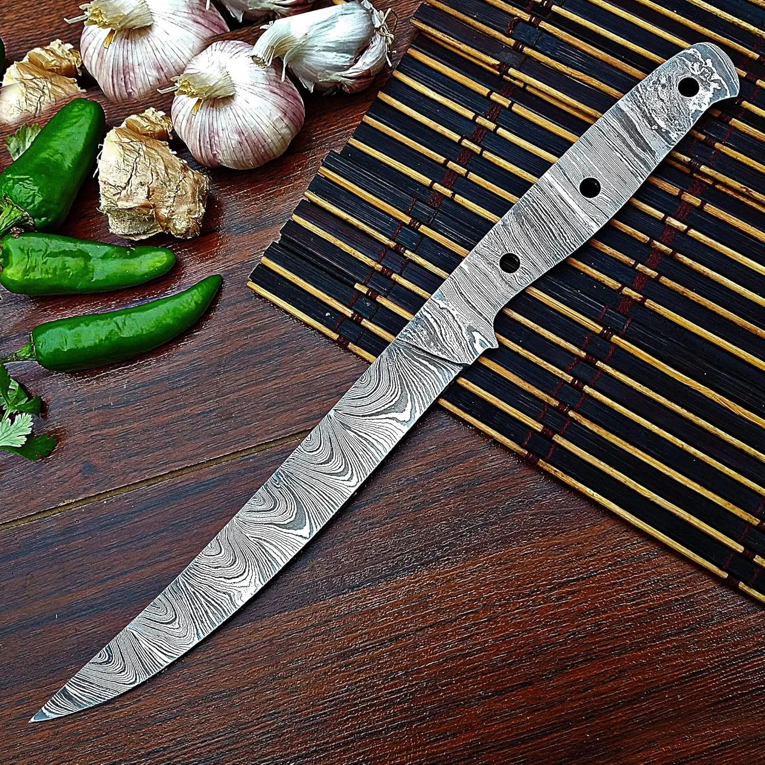 Damascus Knife Making Kit DIY Fish Fillet Handmade Damascus Steel Includes Blank Blade, Pins, Leather Sheath, Handle Scales for Knife (Black-UKK47)