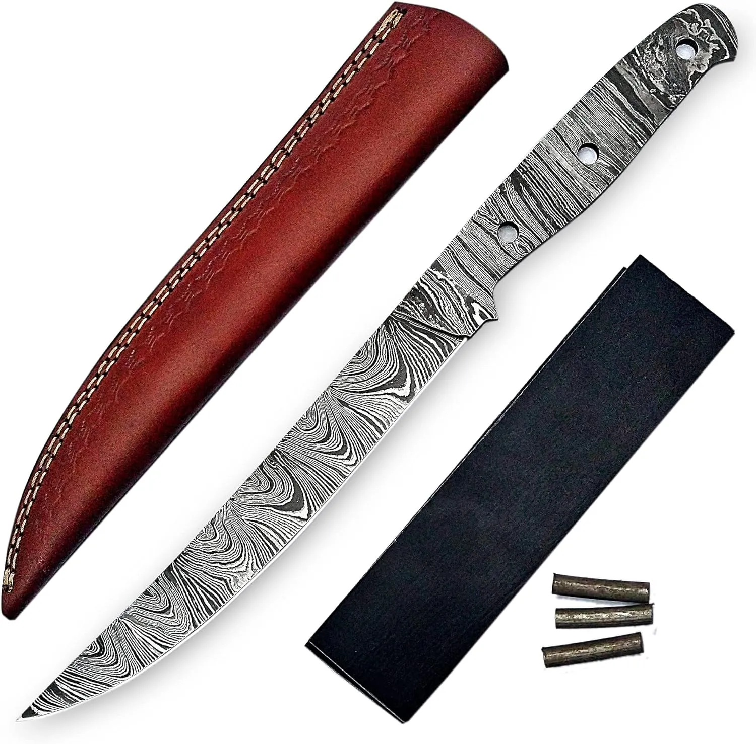 Damascus Knife Making Kit DIY Fish Fillet Handmade Damascus Steel Includes Blank Blade, Pins, Leather Sheath, Handle Scales for Knife (Black-UKK47)