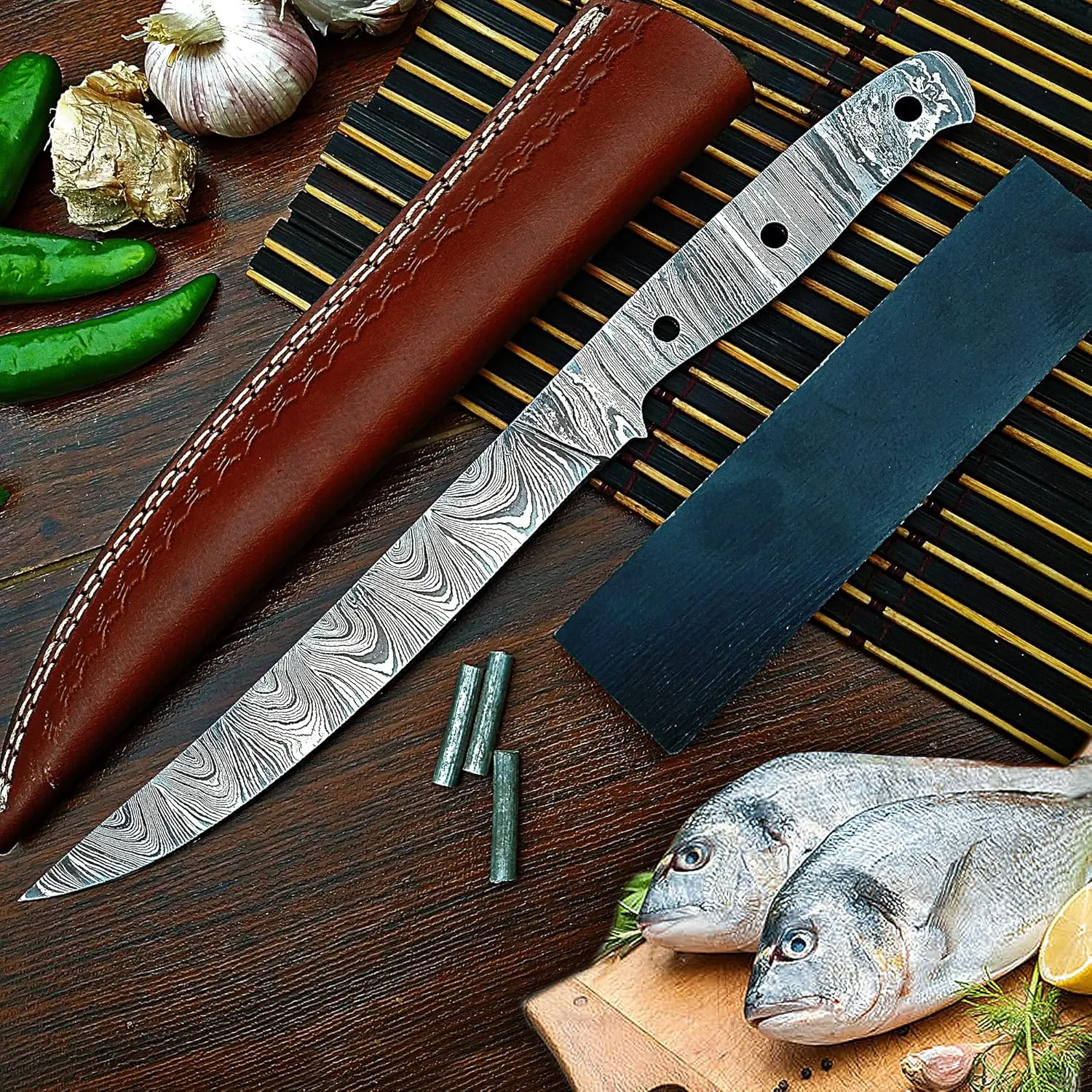 Damascus Knife Making Kit DIY Fish Fillet Handmade Damascus Steel Includes Blank Blade, Pins, Leather Sheath, Handle Scales for Knife (Black-UKK47)