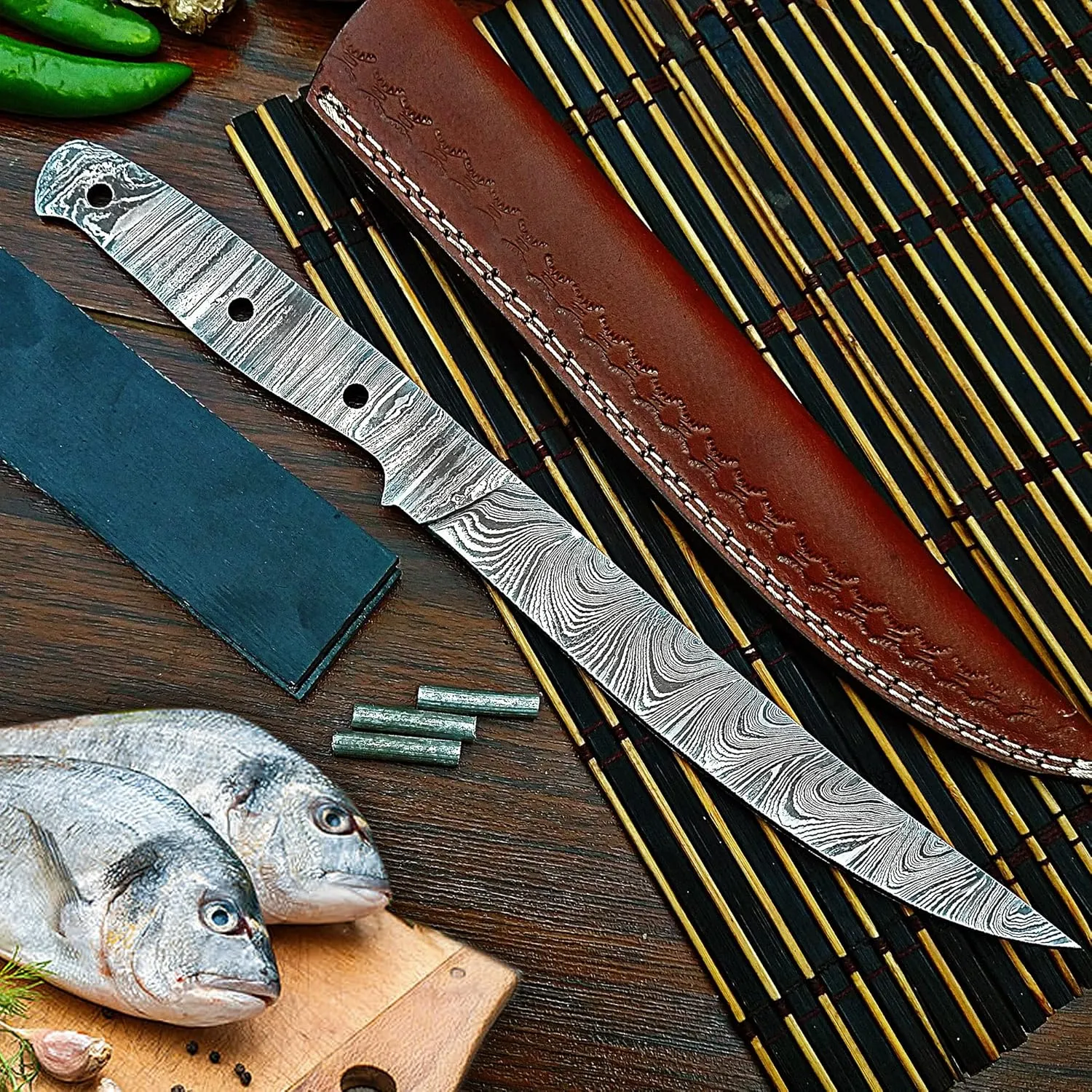 Damascus Knife Making Kit DIY Fish Fillet Handmade Damascus Steel Includes Blank Blade, Pins, Leather Sheath, Handle Scales for Knife (Black-UKK47)