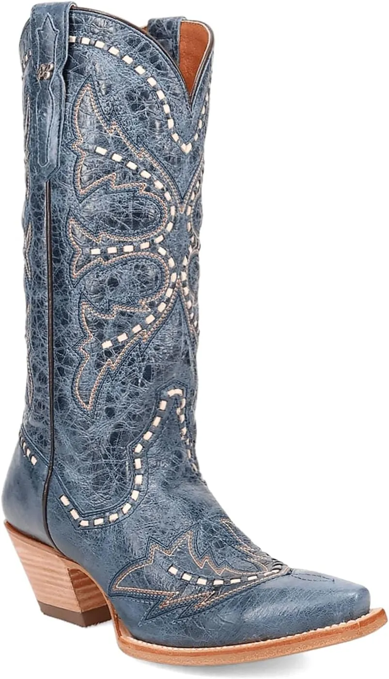 Dan Post Boots Womens Mesa Embroidered Snip Toe Pull On Casual Boots Mid Calf Low Heel 1-2" - Blue